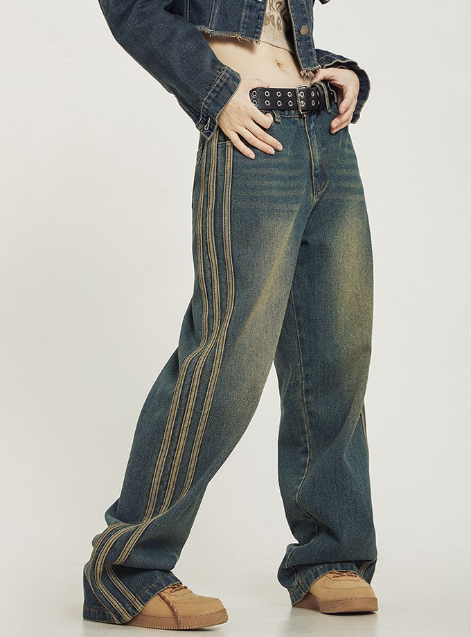 Retro Washed Striped Denim Jeans