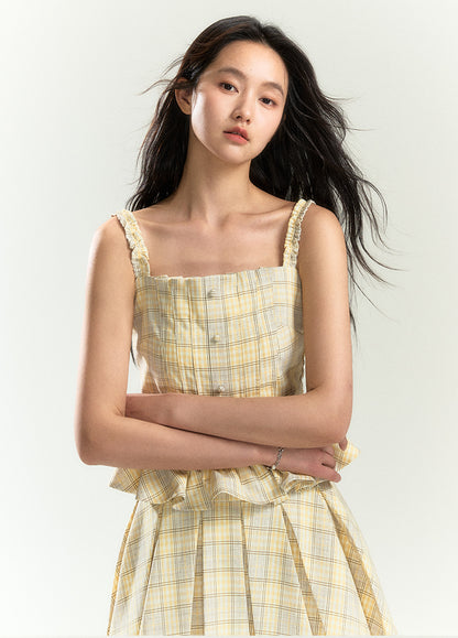 Retro Plaid Ruffle Square Neck Camisole