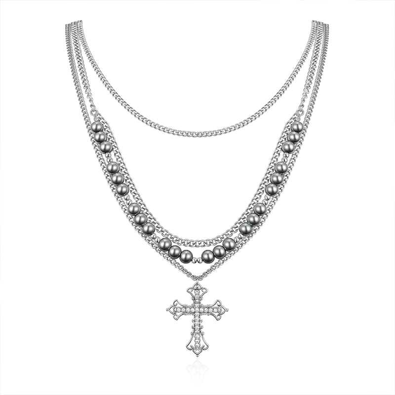 Cross Pendant Pearl Layered Necklace