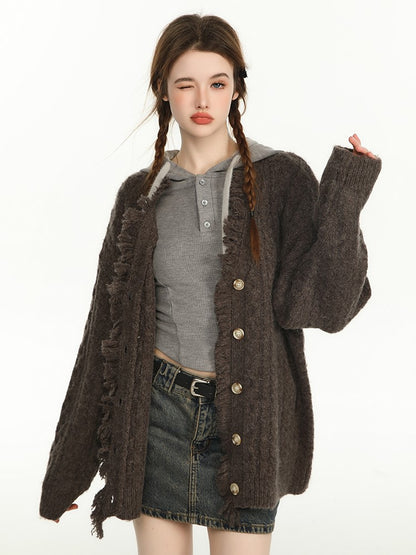 Frayed Cable Knit Cardigan