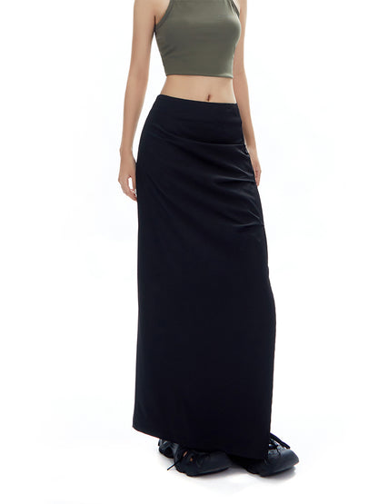 Ruched Curve-Slit Midi Skirt