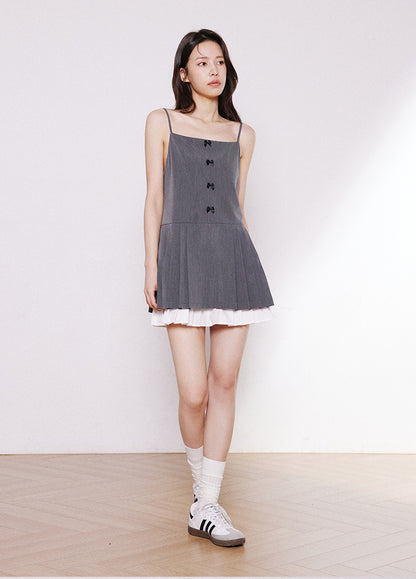 Bow Button Pleated Strap Mini Dress