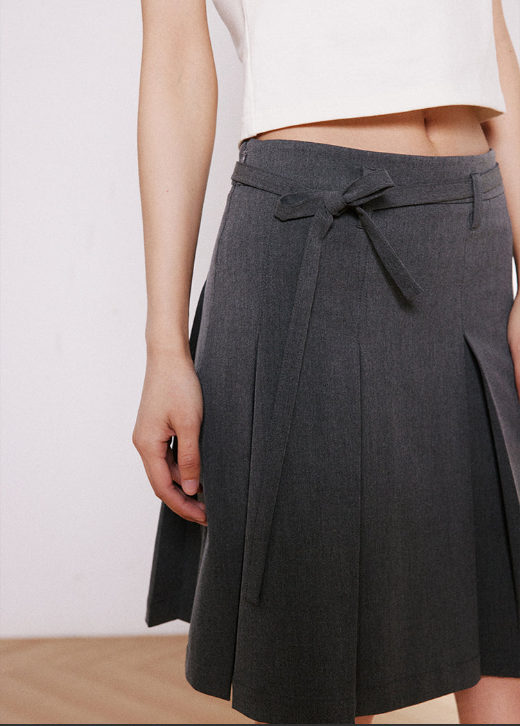 Pleated Bow Belt Midi Skirt