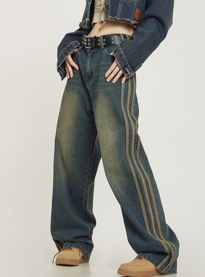 Retro Washed Striped Denim Jeans