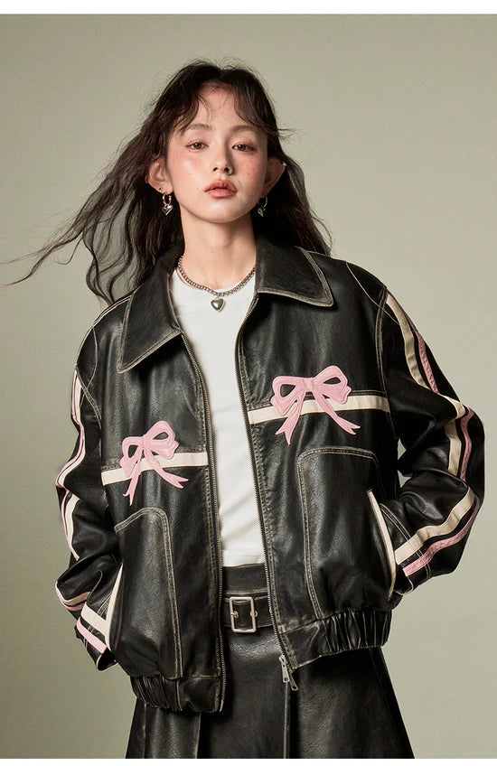 Double Bow Faux-Leather Jacket