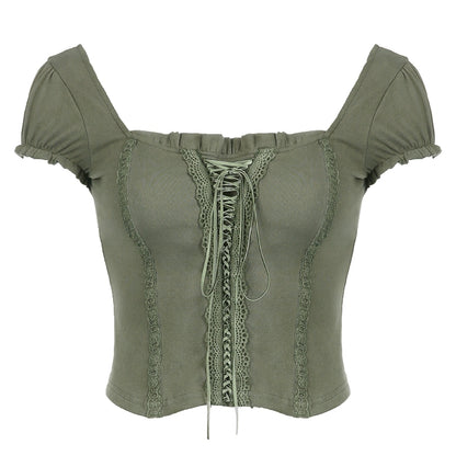 Lace Tie-Front Square Neck Blouse