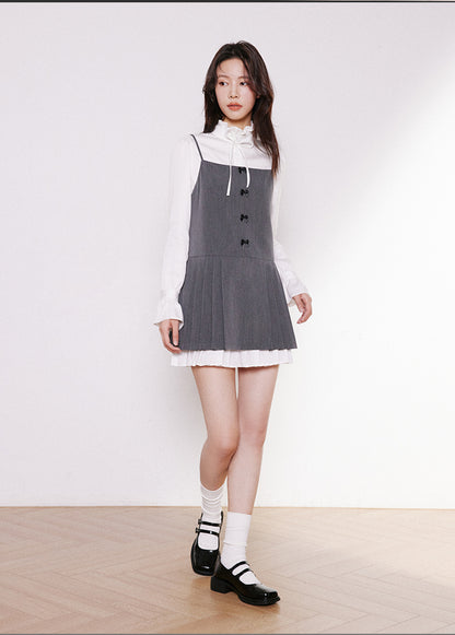 Bow Button Pleated Strap Mini Dress