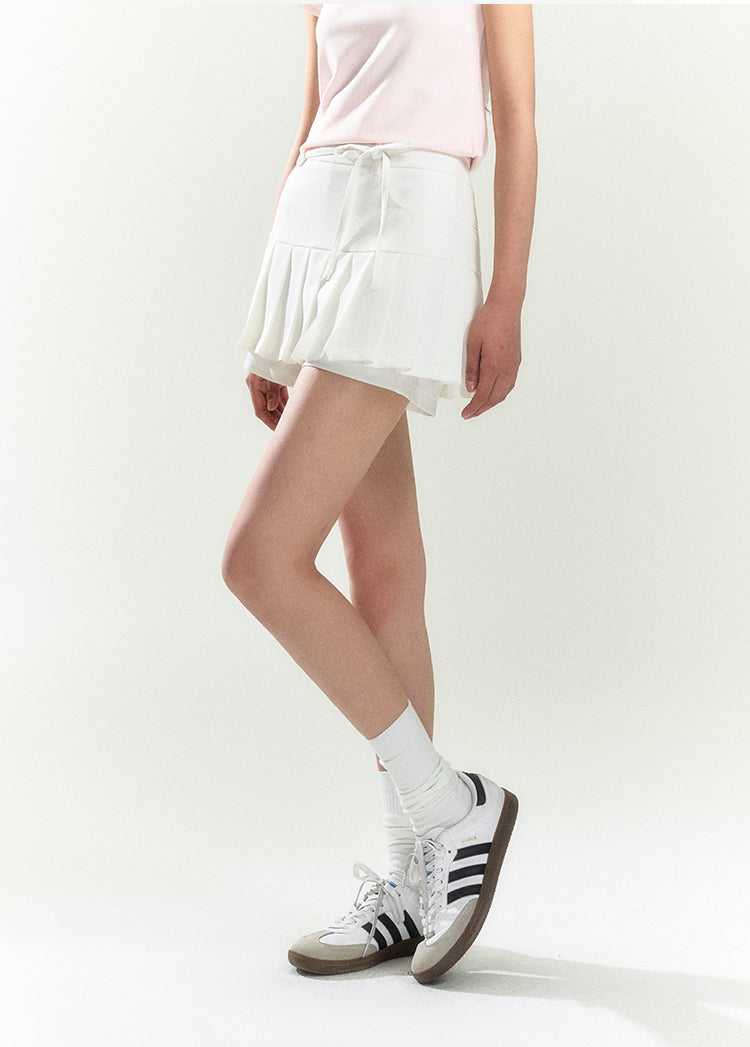 Half Pleated Bow Belt Mini Skirt