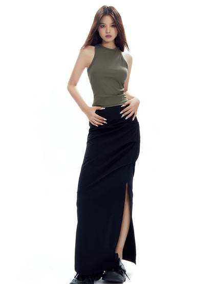 Ruched Curve-Slit Midi Skirt