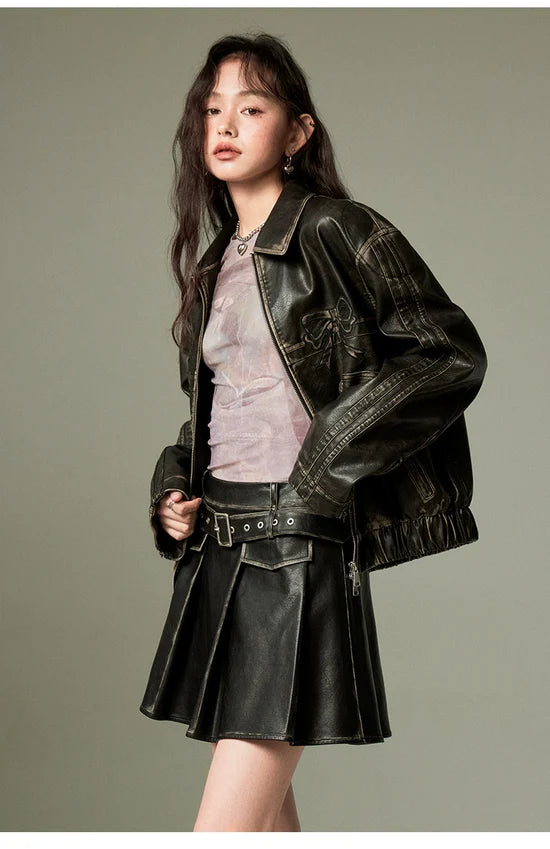 Double Bow Faux-Leather Jacket