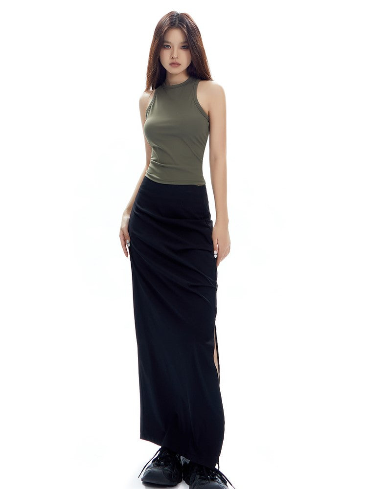 Ruched Curve-Slit Midi Skirt