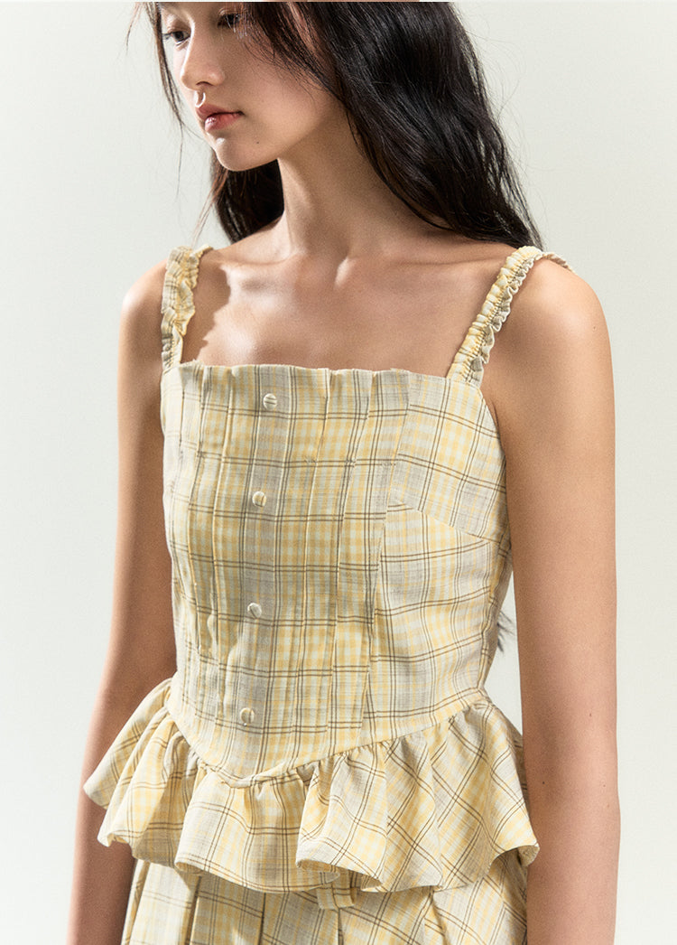 Retro Plaid Ruffle Square Neck Camisole