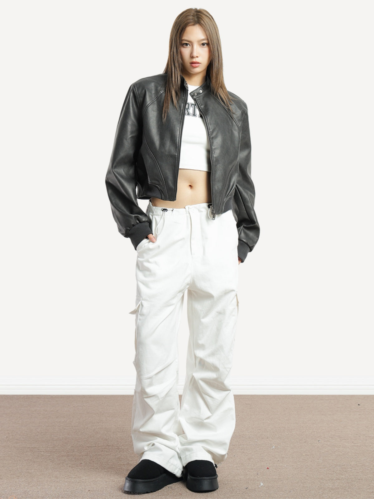 Curve-Paneled Cropped Faux Leather Jacket