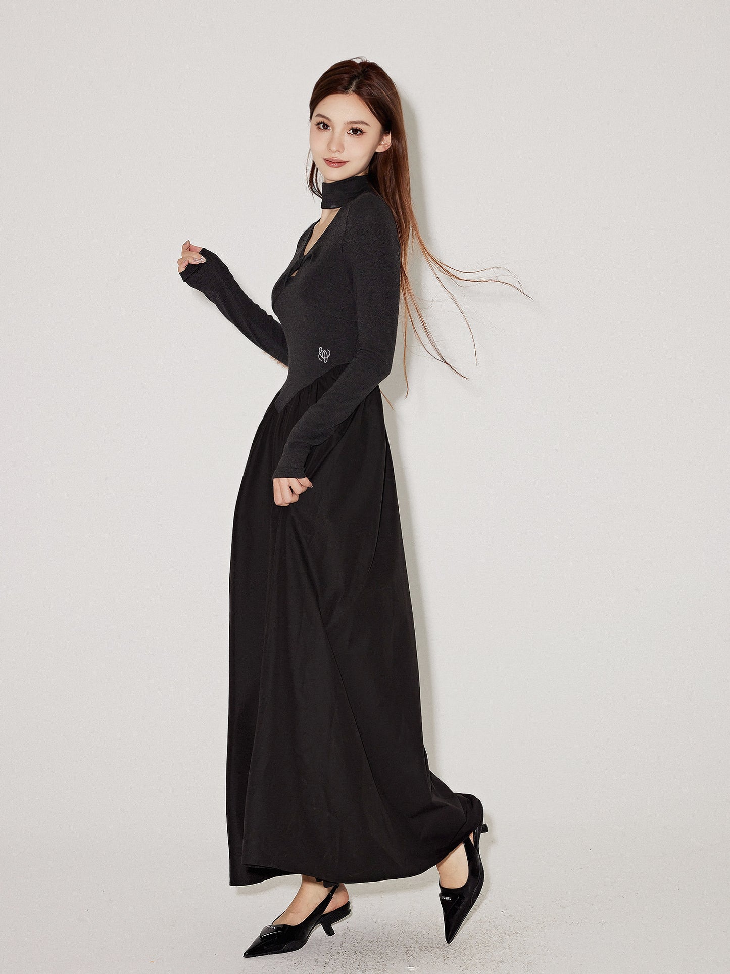 Wrap Neck Long Sleeve Maxi Dress