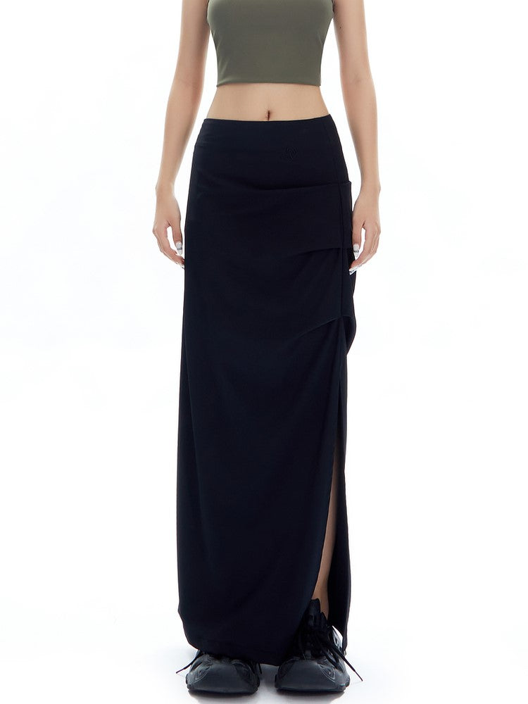 Ruched Curve-Slit Midi Skirt