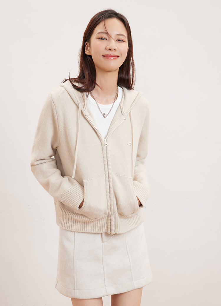 Cropped Fleece Knit Trim Hooded Jacket