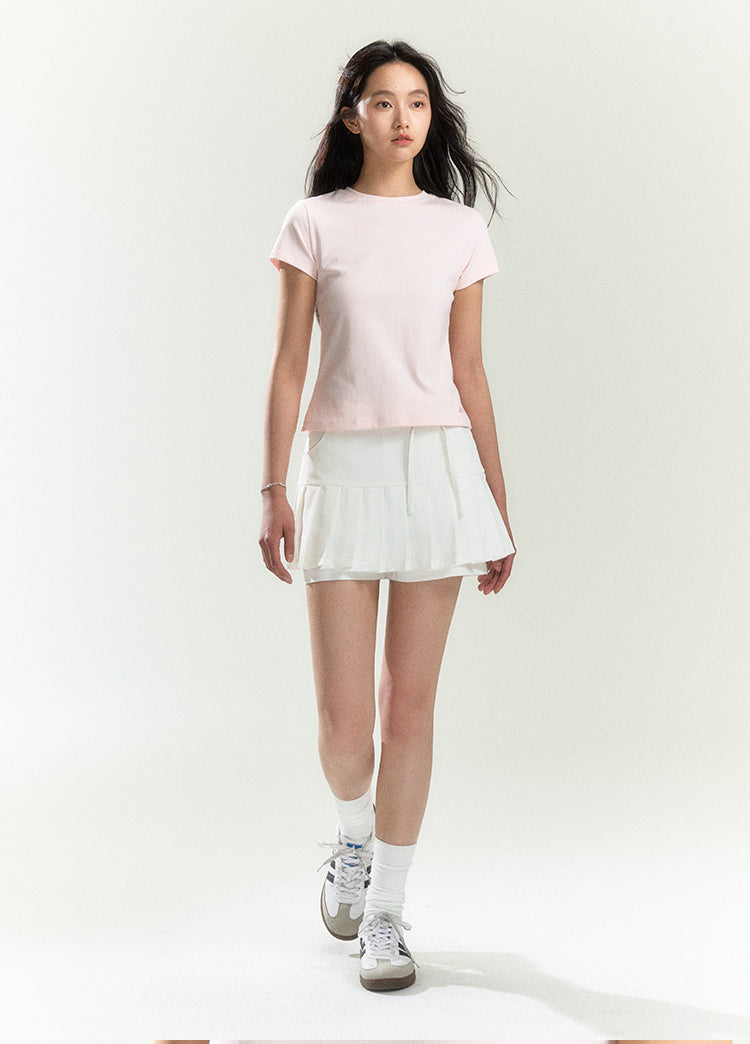 Half Pleated Bow Belt Mini Skirt