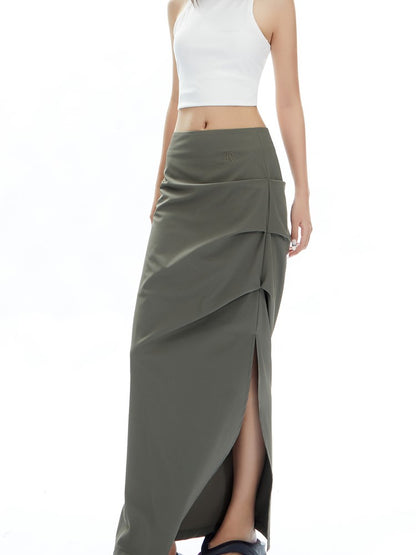 Ruched Curve-Slit Midi Skirt