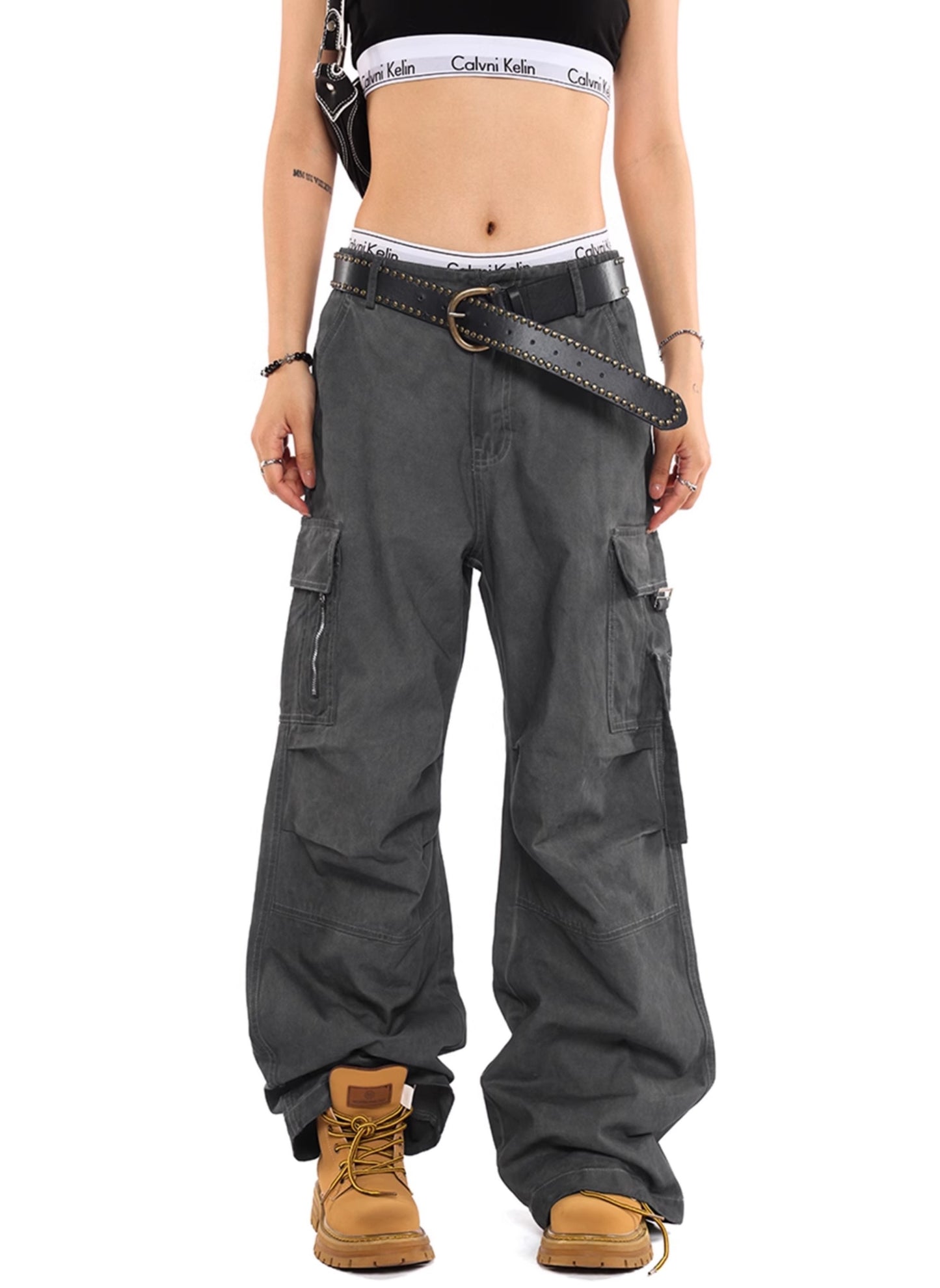 Wide-Leg Faded Cargo Pants