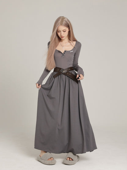 Square Neck Long Sleeve Maxi Dress