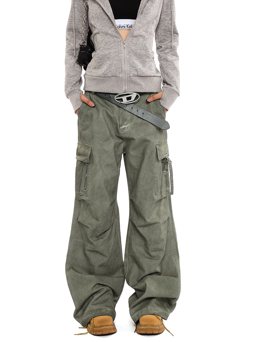 Wide-Leg Faded Cargo Pants