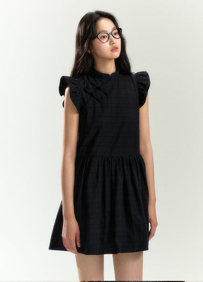 Textured Line Ruffle Qipao Mini Dress