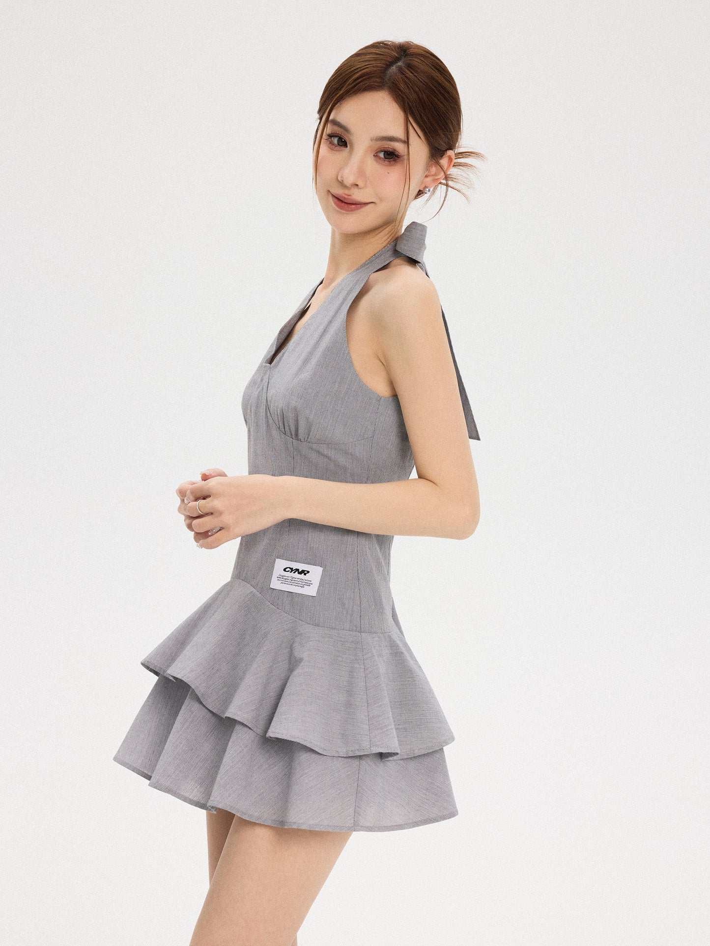 V-Neck Bow Tiered Mini Dress