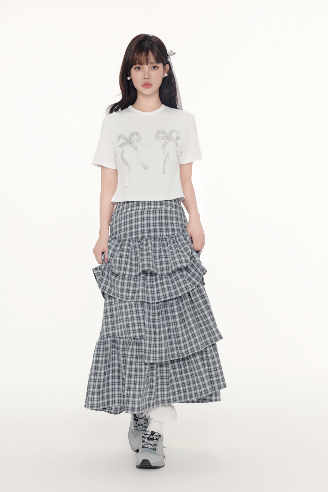 Plaid Tiered Ruffle Maxi Skirt