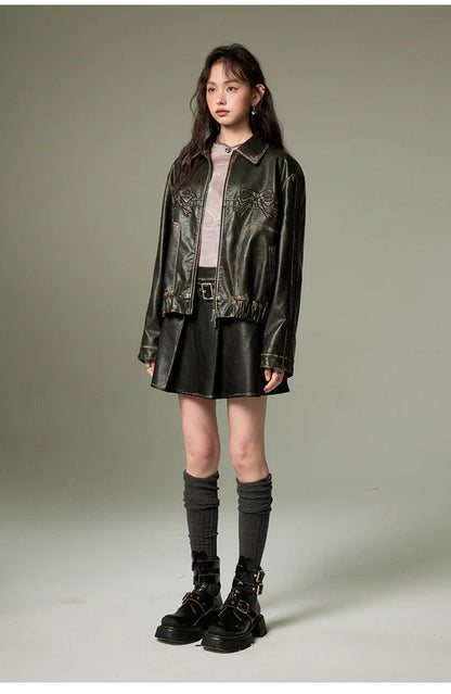 Double Bow Faux-Leather Jacket