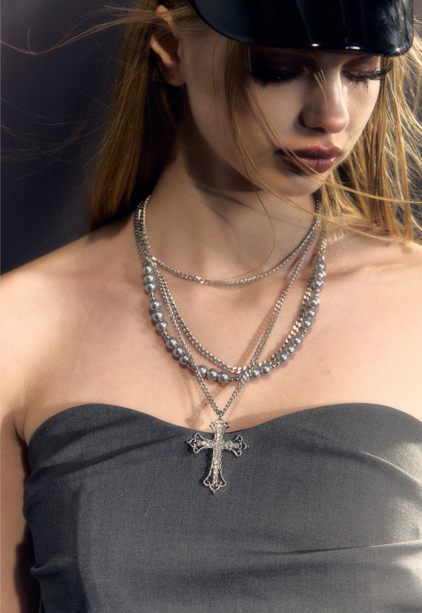 Cross Pendant Pearl Layered Necklace