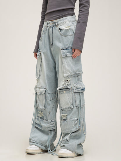 Distressed Multipocket Denim Cargo Jeans