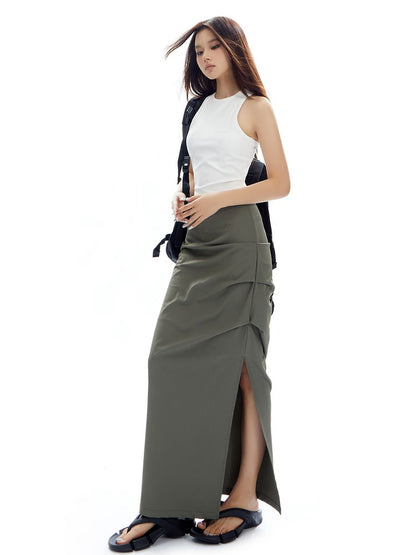 Ruched Curve-Slit Midi Skirt