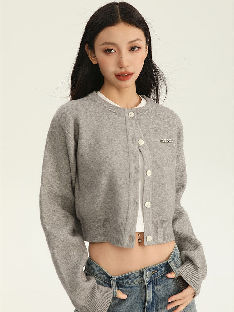 Cropped Button Crewneck Cardigan