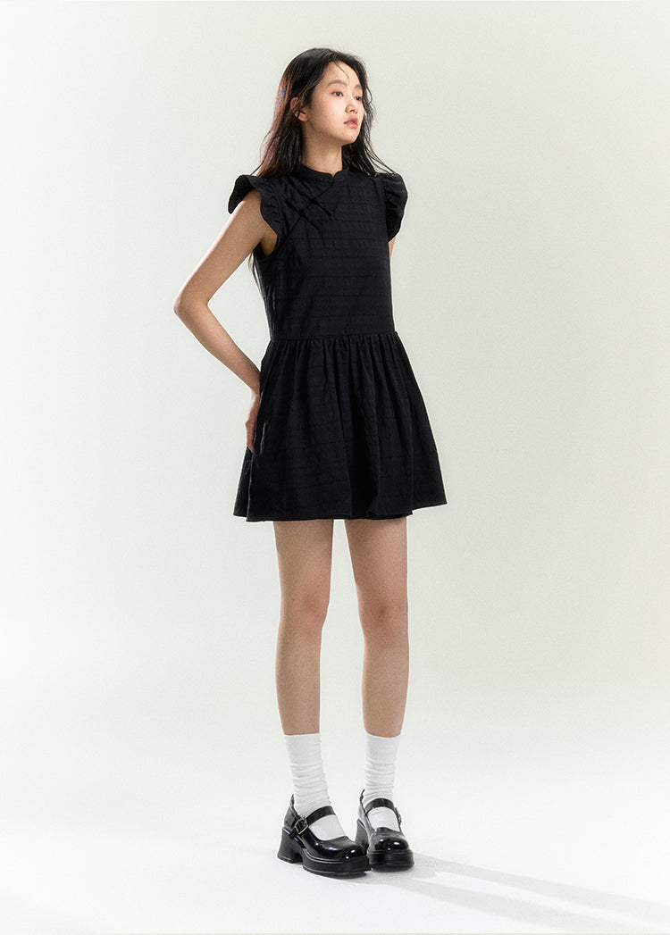 Textured Line Ruffle Qipao Mini Dress