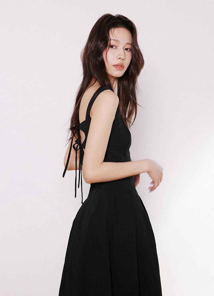 Open Back Pleated Strap Midi Dress