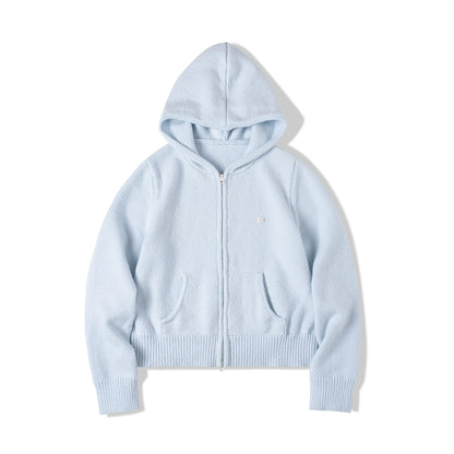 Cropped Fleece Knit Trim Hooded Jacket