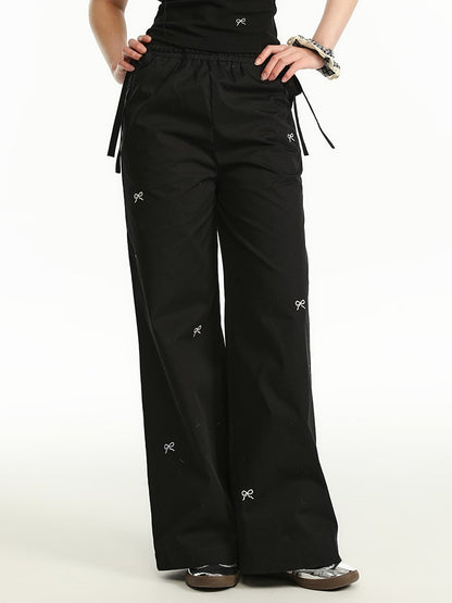 Embroidered Bow Tie-Strap Pants