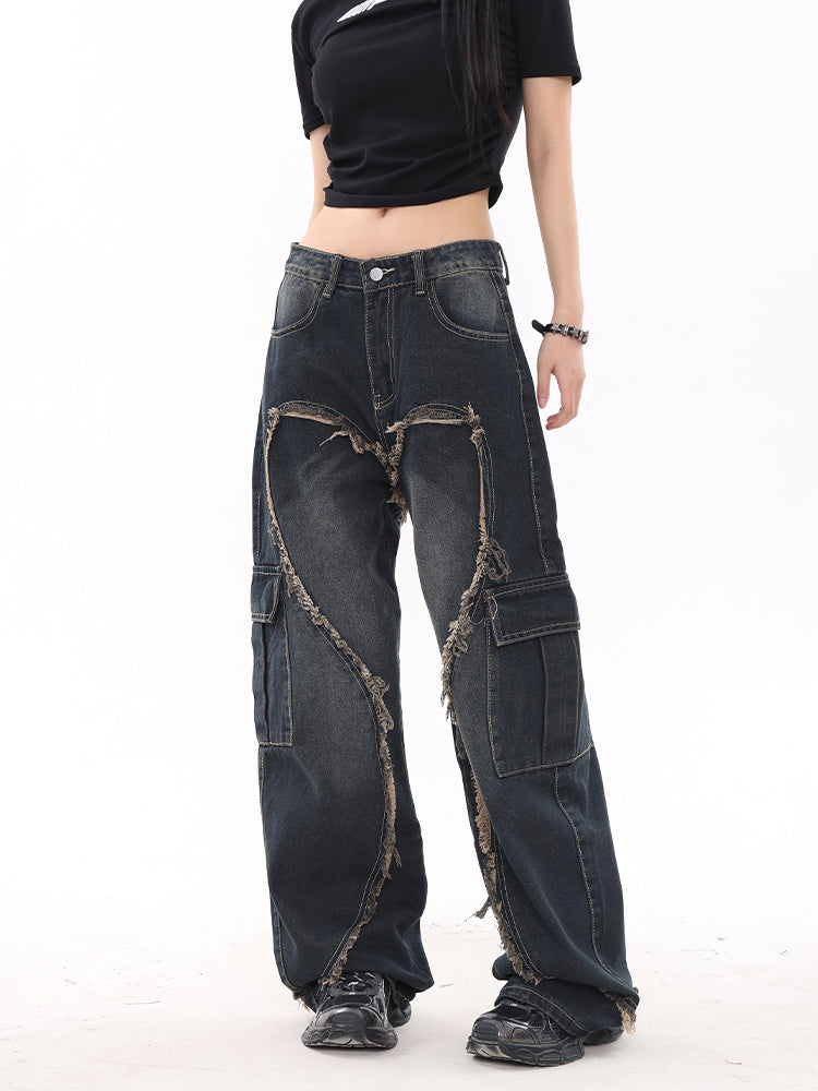 Frayed Heart Cargo Jeans