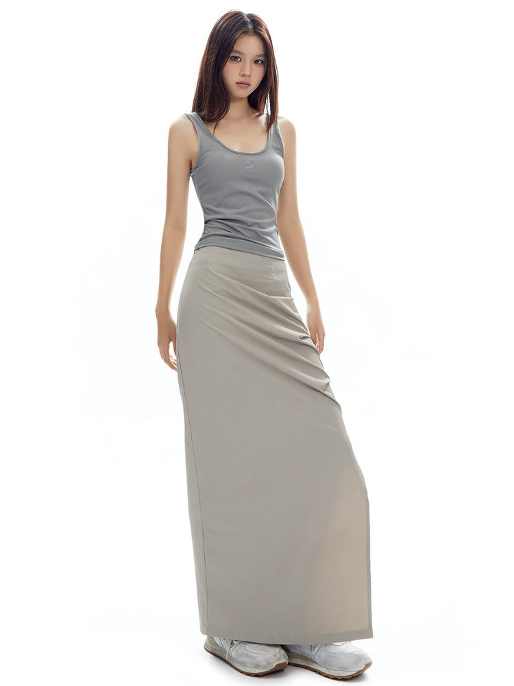 Ruched Curve-Slit Midi Skirt