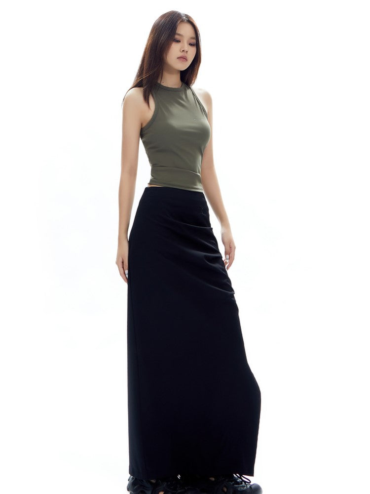 Ruched Curve-Slit Midi Skirt