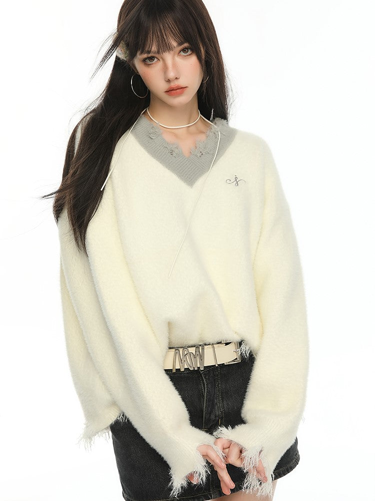 Two-Tone V-Neck Distressed Trim Sweater