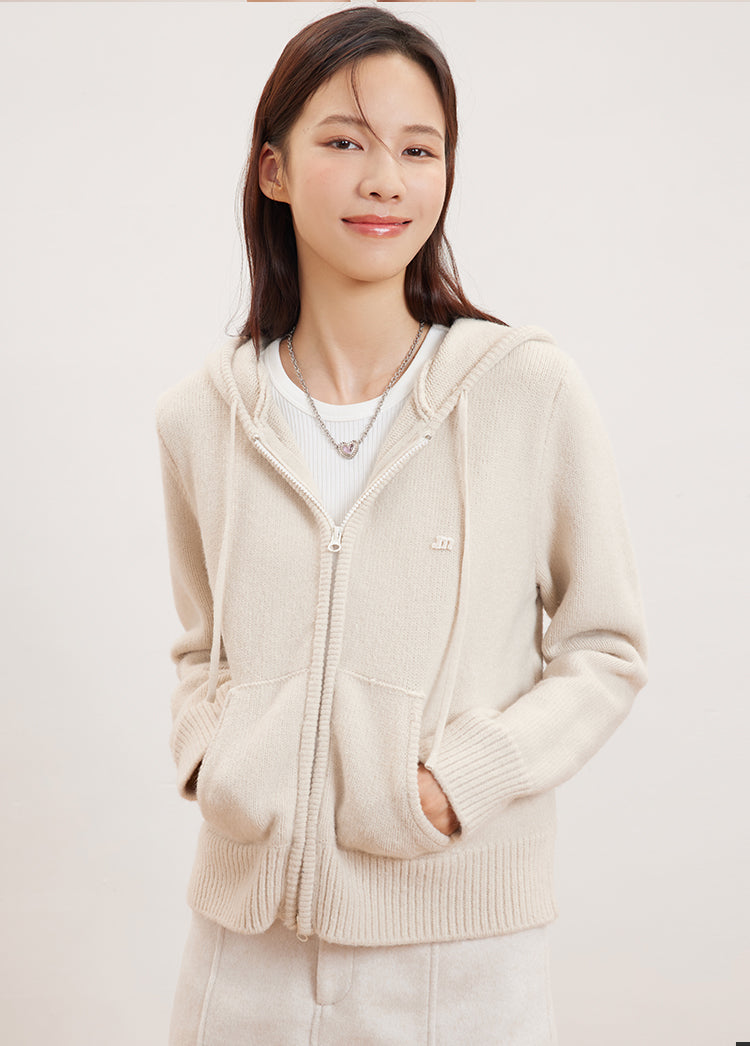 Cropped Fleece Knit Trim Hooded Jacket