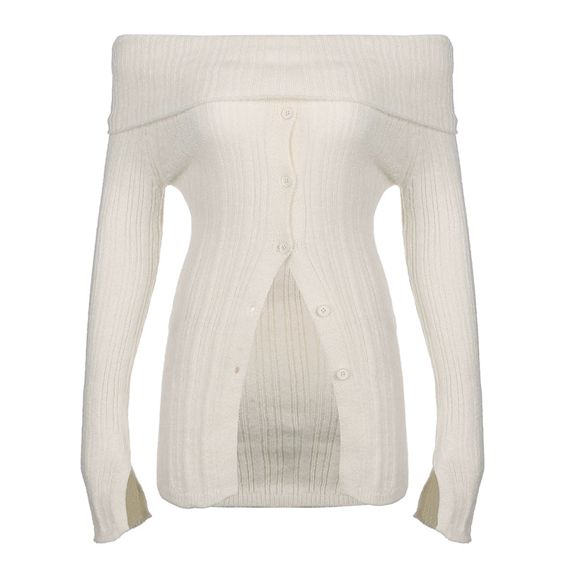 Off Shoulder Split Ribbed Long Sleeve