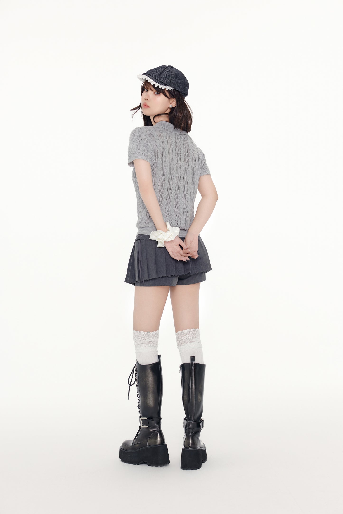 Cable-Knit Cropped Polo Shirt