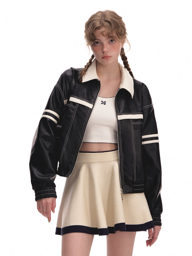 Classic Striped Cropped Faux Leather Jacket