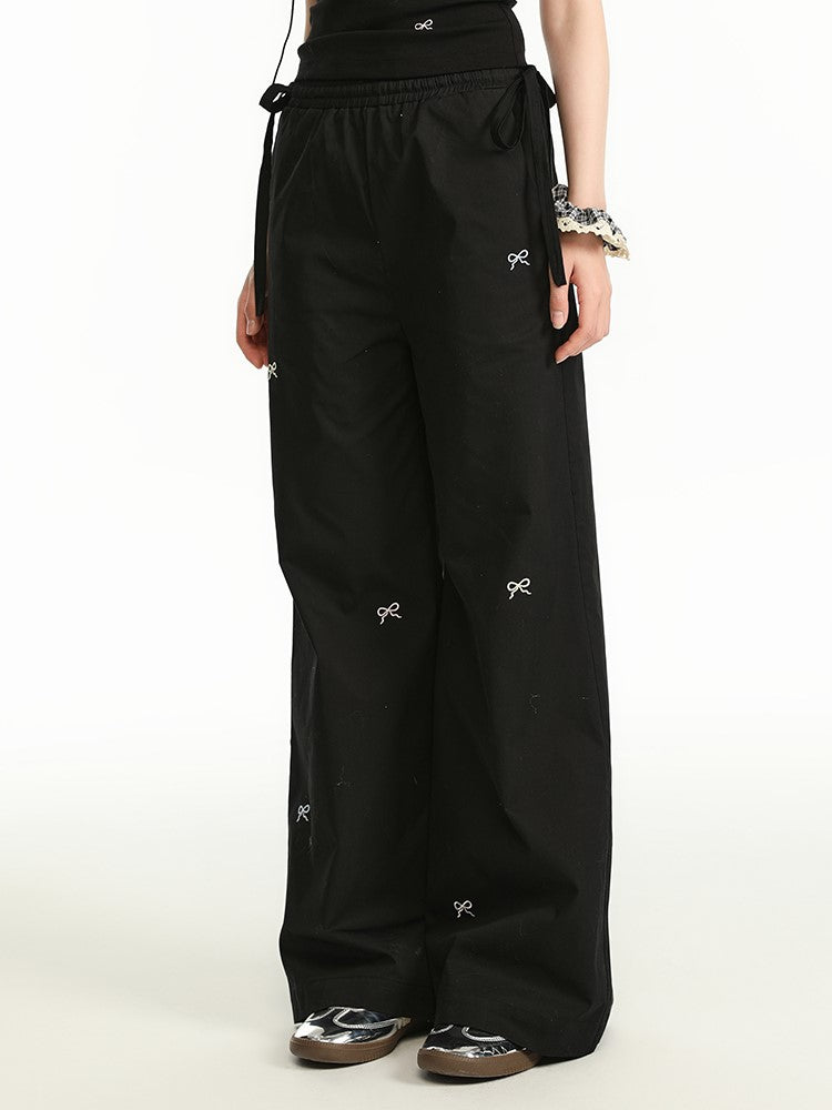 Embroidered Bow Tie-Strap Pants