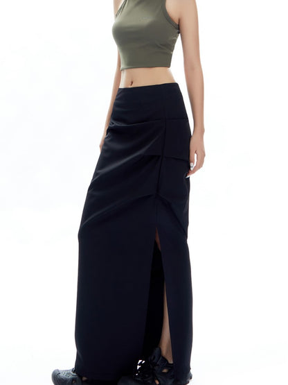 Ruched Curve-Slit Midi Skirt