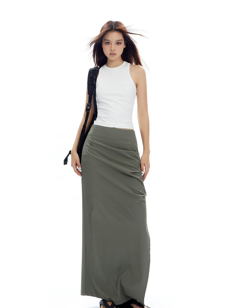 Ruched Curve-Slit Midi Skirt