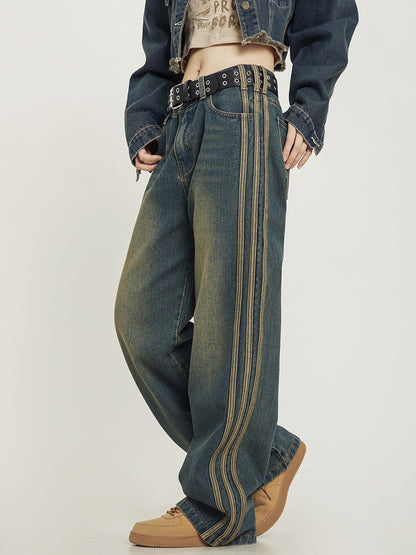 Retro Washed Striped Denim Jeans