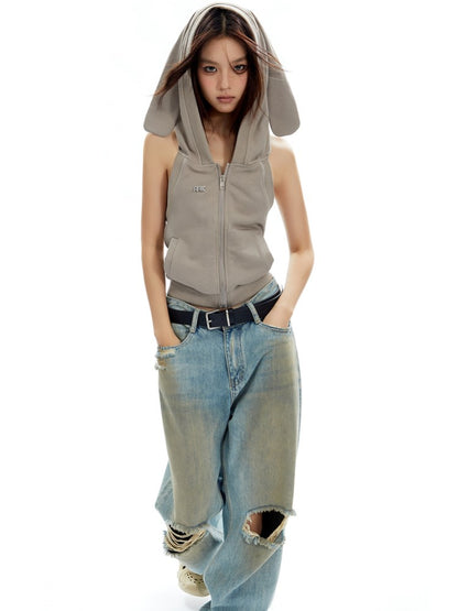 Rabbit-Eared Sleeveless Hooded Top